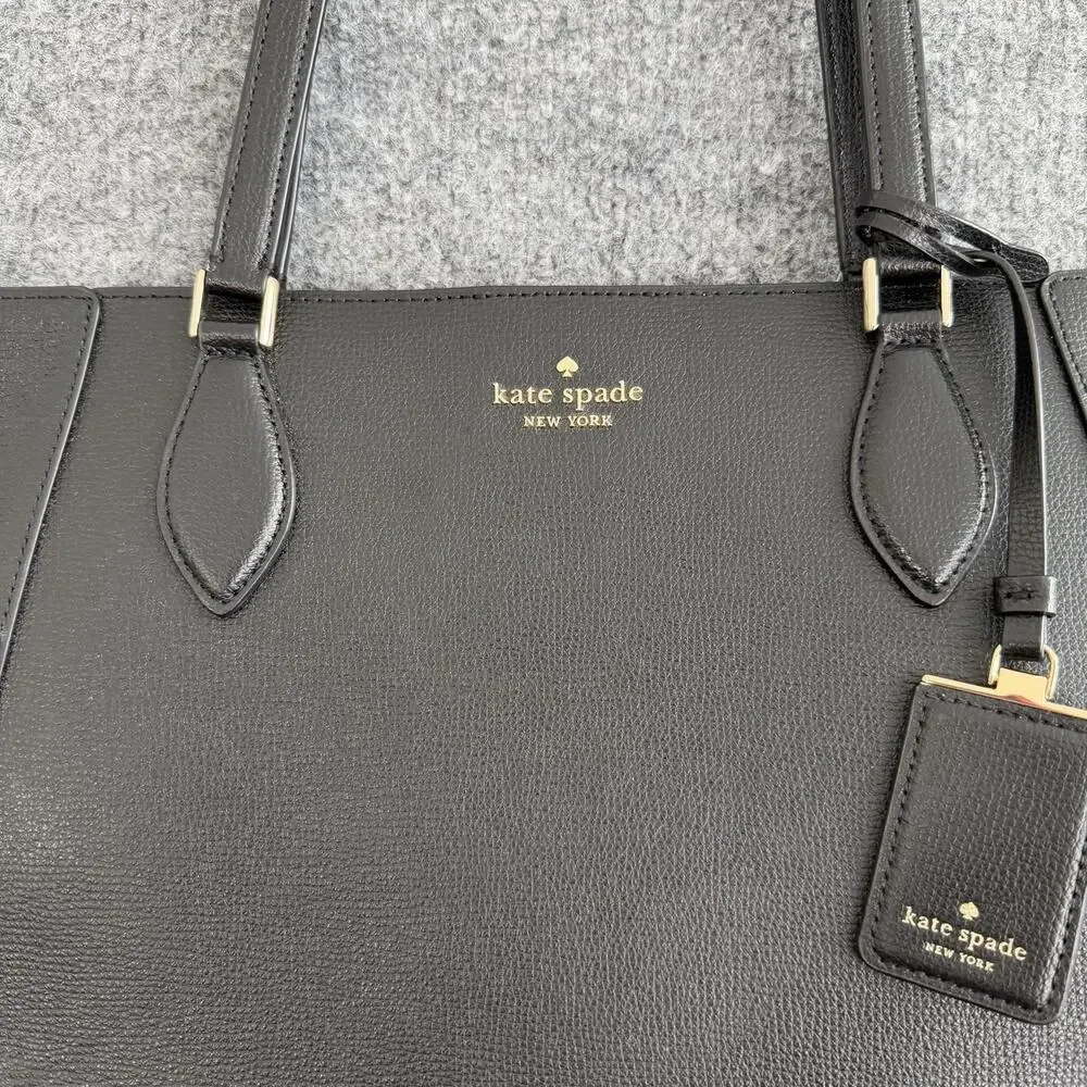 Kate Spade Poppy Large Black Leather Tote Bag Beige Lining Work Office Travel